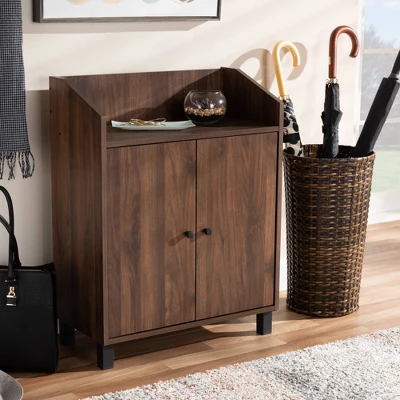 Rossin Walnut Finished 2 Door Wood Entryway Shoe Storage Cabinet With Open Shelf Brown - Baxton Studio
