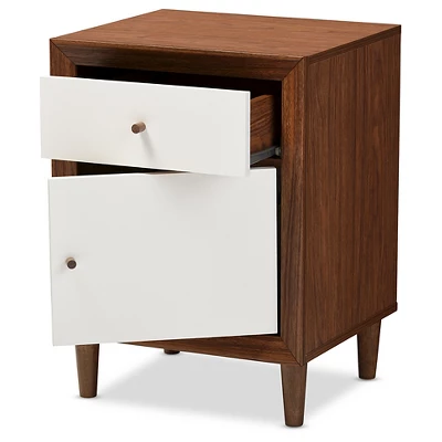 Harlow Mid-Century Modern Scandinavian Style Wood 1-Drawer And 1-Door Nightstand - White And Walnut - Baxton Studio - Image 3